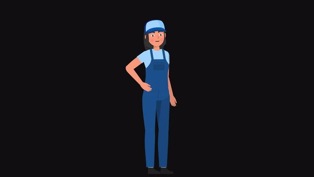 High resolution 2d cartoon female character in mechanic outfit talking on alpha channel background in seamless loop.