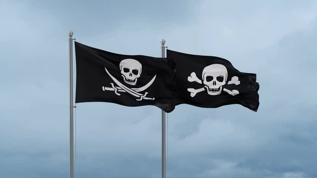 Corsair flag and Jolly Roger or pirate flag waving together on cloudy sky, endless seamless loop