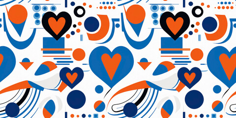 Hearts and bauhaus style seamless pattern. Valentine tile card in orange, blue and white colors.