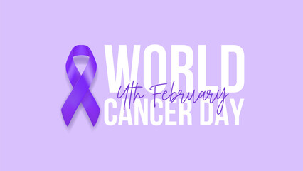 World Cancer Day background. Vector illustration with realistic purple satin ribbon. Symbol of World Cancer Day isolated on lavender background for decoration posters, social media, promo company.