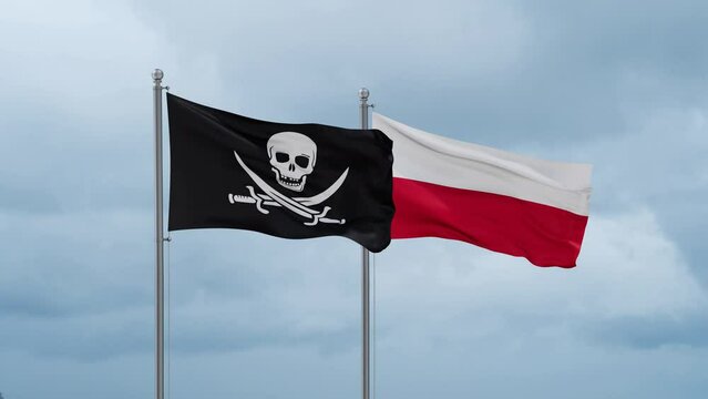 Poland and Corsair flag waving together on cloudy sky, endless seamless loop, two country cooperation concept