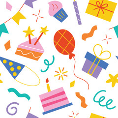 Colorful pattern for wrapping paper, birthday present, ornament for Christmas celebration, seamless ornament of cakes, candles, gift boxes, vector illustrations of cartoon doodles on white background