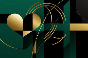 Hearts and bauhaus style. Valentine card in emerald green, gold and black color.