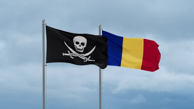 Romania and Corsair flag waving together on cloudy sky, endless seamless loop, two country cooperation concept