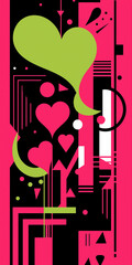 Hearts and bauhaus style. Valentine card in fuchsia, lime green and black colors.