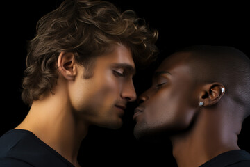 Handsome Caucasian man and African man kissing isolated on black background.