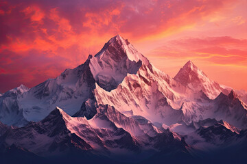 snowy mountain range with the sunset - obrazy, fototapety, plakaty