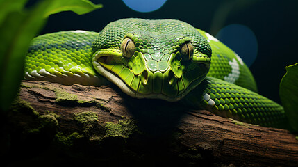 A green snake is sitting on a tree branch - Powered by Adobe