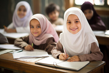 Group of children sitting at the school desk in the classroom. Smiling girls in hijab during the...