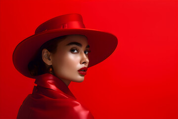 A fashionable woman in a red hat is an elegant lady in an evening dress with a low neckline. Portrait of a sexy model with glossy red lips on a red studio background.