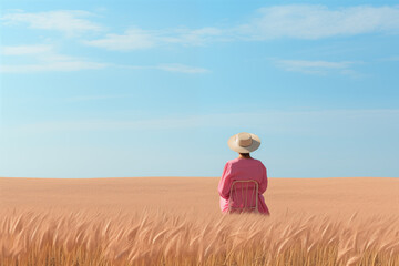Naklejka na ściany i meble woman sitting in the middle of a wheat field