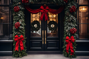 idea of decorating a Christmas porch. The entrance to the house is decorated for the holidays. green wreath, garland of fir branches Christmas Eve at home. Christmas holiday