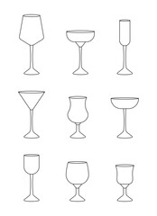 Set of various glasses for alcohol and non alcohol drinks in outline style on white background for icons, posters, patterns, webs, apps, wrapping 