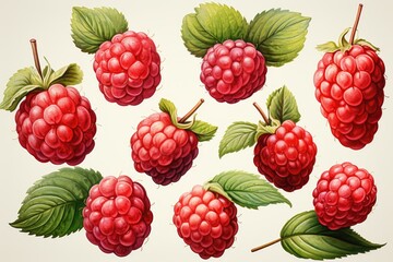 hand drawn watercolor raspberries isolated on white. AI Generated