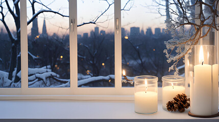 Winter wood table with window view of city and candle and branch with copy space, evening 