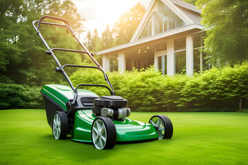 Fototapeta premium lawn mower machine on a lush green lawn in the home garden