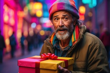 Fototapeta premium A homeless man was delighted when he received a gift.