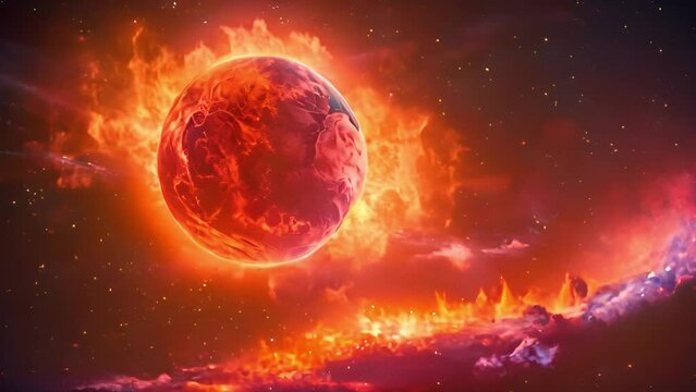 Earth on fire. Planet earth with fire flames in space . Burning War atomic explosion,hydrogen bomb,nuclear bomb,environment pollution concept. End of the world copy space