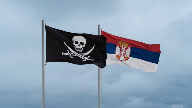 Republic of Serbia and Corsair flag waving together on cloudy sky, endless seamless loop, two country cooperation concept