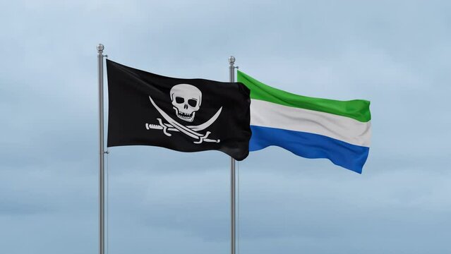Sierra Leone or Salone and Corsair flag waving together on cloudy sky, endless seamless loop, two country cooperation concept
