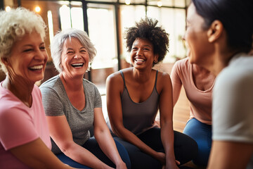 Group of mature women laughing while telling jokes after fitness class at health club. Conversation and comedy concept. Exercise, bonding and happy multi generation women chatting together at gym. - obrazy, fototapety, plakaty