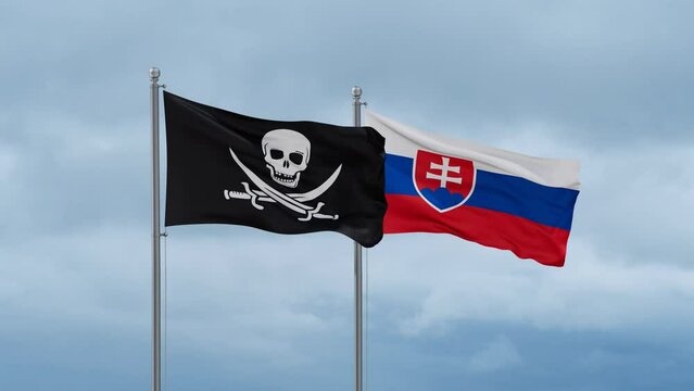 Slovak Republic or Slovakia and Corsair flag waving together on cloudy sky, endless seamless loop, two country cooperation concept