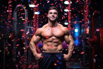 Brutal strong bodybuilder man fitness male model posing over dark background with falling confetti.
