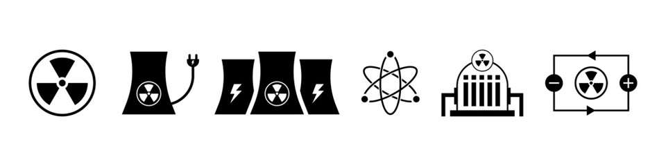 Nuclear power plant and atomic energy. Vector icons isolated on white.