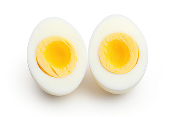 two hard boiled eggs split in half isolated on white background