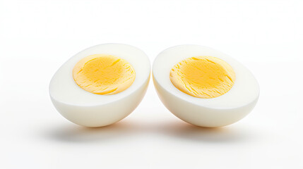 two hard boiled eggs split in half isolated on white background