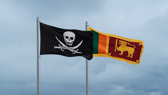 Sri Lanka and Corsair flag waving together on cloudy sky, endless seamless loop, two country cooperation concept
