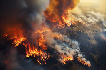 An aerial perspective of a vast forest fire, with a large area engulfed in flames and smoke billowing upwards, highlighting the dramatic environmental impact and nature's fury.

