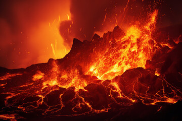  A volcanic eruption at night, with bright lava flowing down, creating a dramatic and fiery landscape, showcasing the awe-inspiring power of nature.

