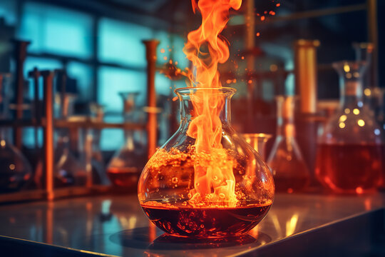  A scientific experiment involving fire in a lab, with a controlled flame burning in a beaker, showcasing the intersection of chemistry and fire in a laboratory setting.
