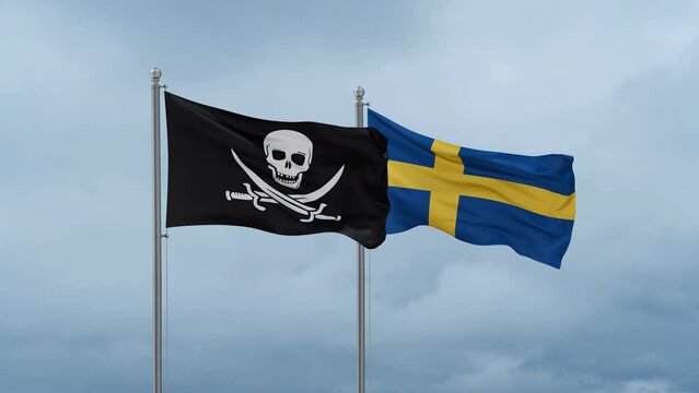 Sweden and Corsair flag waving together on cloudy sky, endless seamless loop, two country cooperation concept