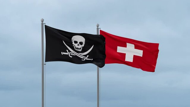 Switzerland and Corsair flag waving together on cloudy sky, endless seamless loop, two country cooperation concept