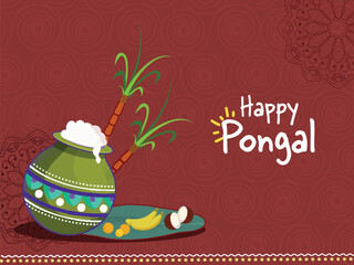 Happy Pongal Sale Poster Design With Traditional Dish (Rice) In Mud Pot, Sugarcane And Fruit Over Banana Leaf on Dark Pastel Red Swirl Pattern Background.