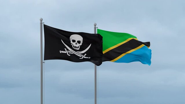 Tanzania and Corsair flag waving together on cloudy sky, endless seamless loop, two country cooperation concept