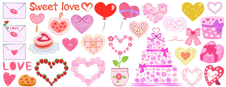Fototapeta Vector set of beautiful cute romantic items for Valentine's Day, weddings, invitations, cards: various hearts, gift boxes, sweets, flowers, inscriptions, gifts, balls, and decorative elements.