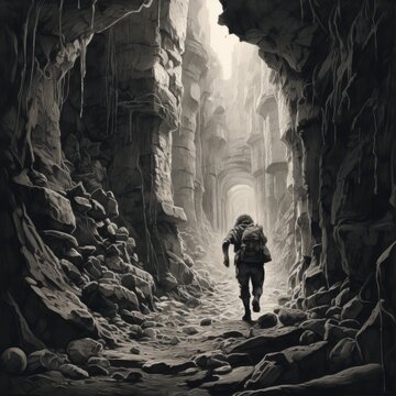 a man walking in a cave