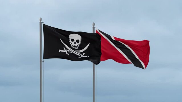 Trinidad and Tobago and Corsair flag waving together on cloudy sky, endless seamless loop, two country cooperation concept