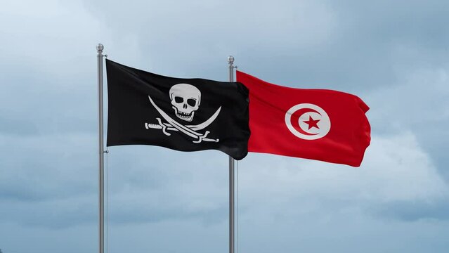 Tunisia and Corsair flag waving together on cloudy sky, endless seamless loop, two country cooperation concept