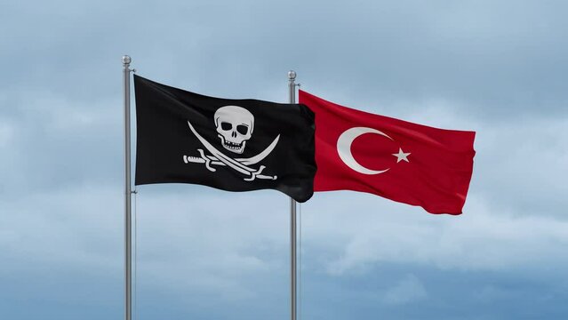 Republic of Turkey and Corsair flag waving together on cloudy sky, endless seamless loop, two country cooperation concept
