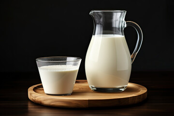 Obraz na płótnie Canvas jug of milk with glass of milk on wooden board and black background