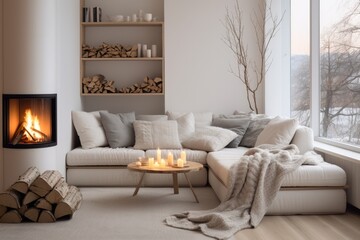 A living room with a white couch and a fire place. Scandinavian home interior design of modern living home.