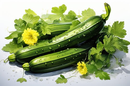 watercolor zucchinis isolated on white , AI Generated