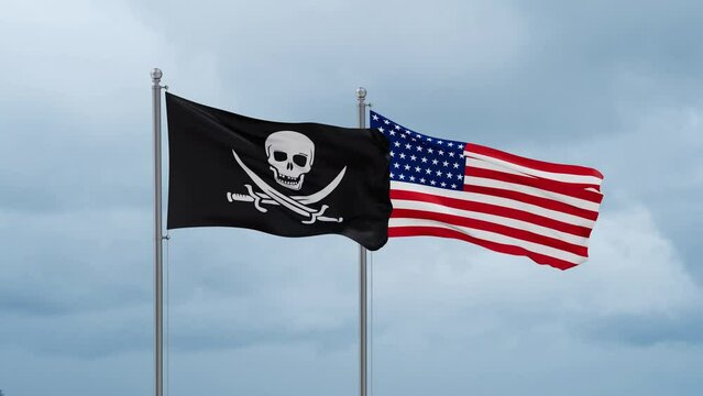 USA and Corsair flag waving together on cloudy sky, endless seamless loop, two country cooperation concept