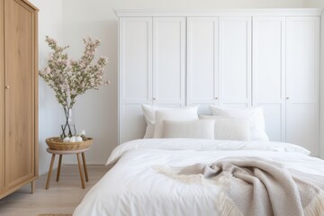Fototapeta premium A bedroom with a white bed and white linens. Scandinavian home interior design of modern living home.