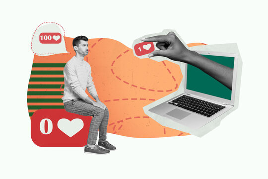 Photo banner collage of funny upset content creator unpopular guy sitting alone look netbook zero likes isolated on white background - Powered by Adobe
