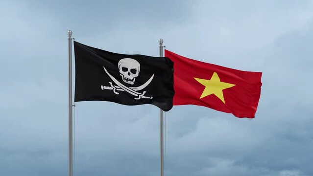 Vietnam and Corsair flag waving together on cloudy sky, endless seamless loop